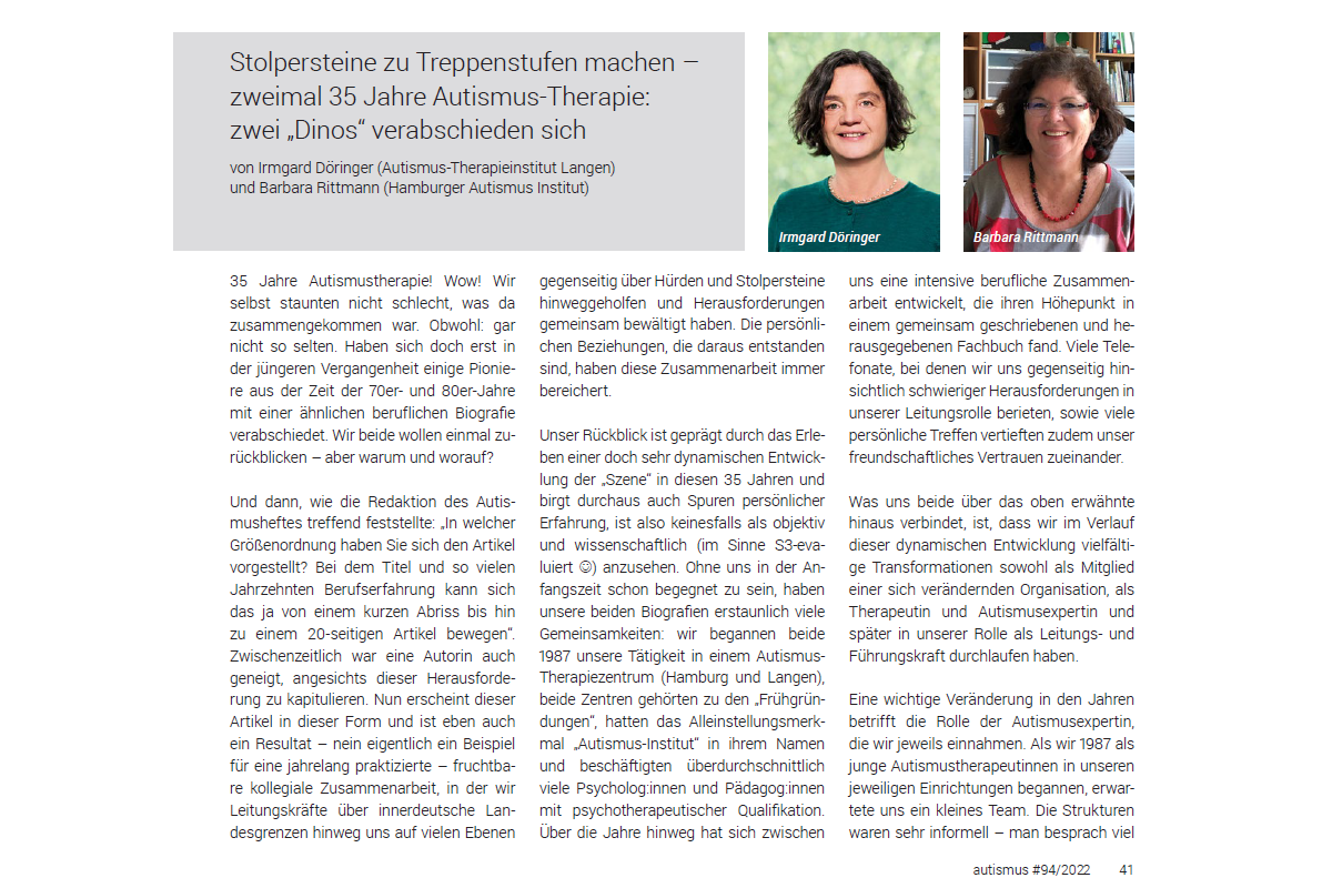 Presseartikel: „Stolpersteine zu Treppenstufen machen – zweimal 35 Jahre Autismus-Therapie“