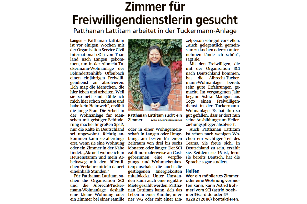 Presseartikel: Zimmer für Freiwilligendienstlerin gesucht