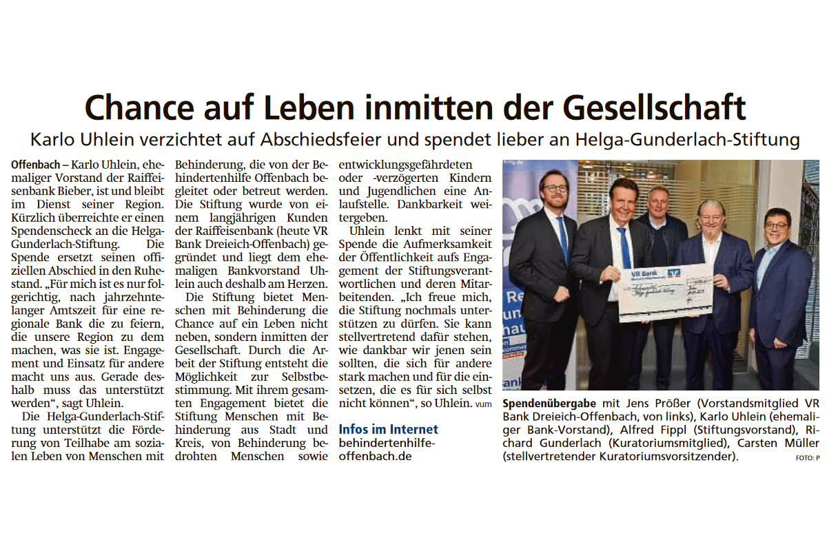 Presseartikel: Spende an Helga-Gunderlach-Stiftung: Chance auf Leben inmitten der Gesellschaft