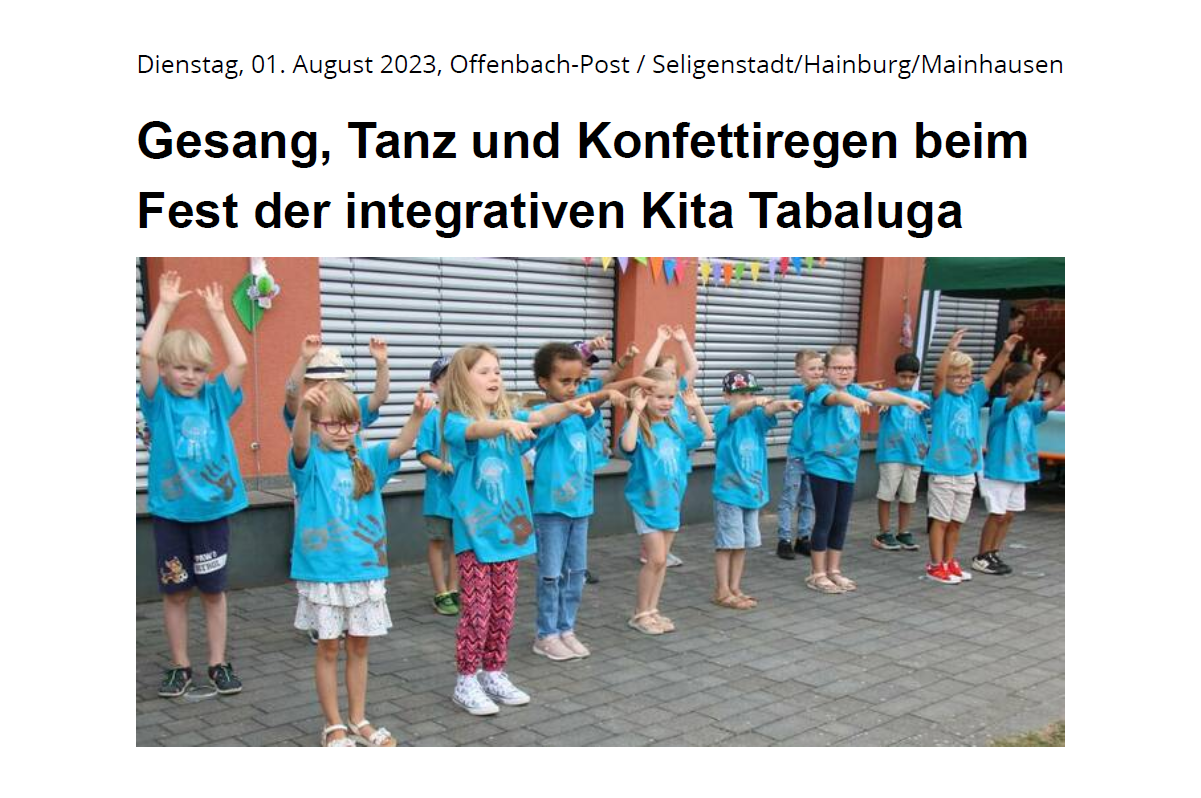 Presseartikel: Gesang, Tanz und Konfettiregen beim Fest der integrativen Kita Tabaluga