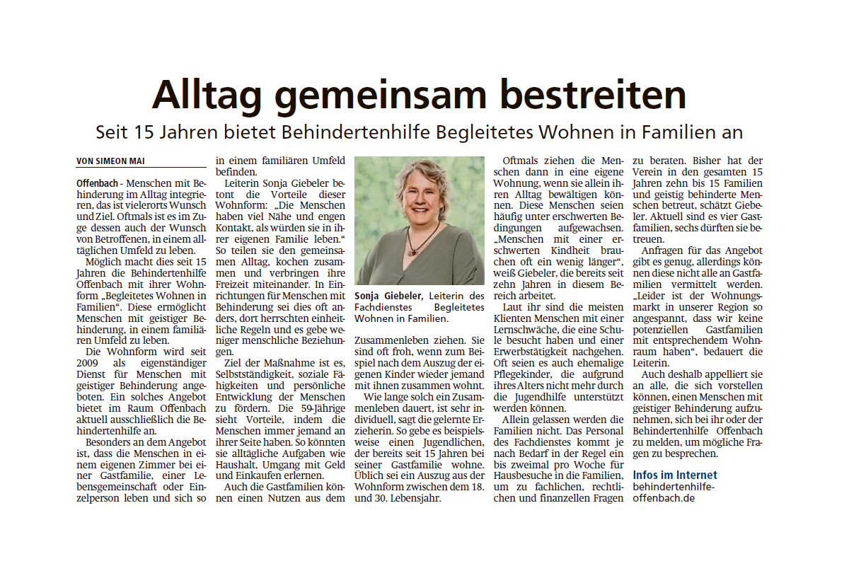 Presseartikel: 15-jähriges Jubiläum des Dienstes „Begleitetes Wohnen in Familien“